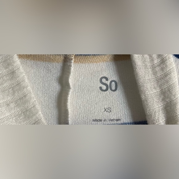 SO Mock Turtleneck Cropped Sweater, Sz XS, Cream/White w/Blue/Gold Stripes - Picture 2 of 6